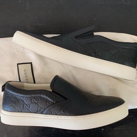 *GUCCI BLACK LEATHER EMBOSSED LOGO SLIP ON SNEAKERS SZ 8.5 MADE IN ITALY #407364 - Picture 4 of 16